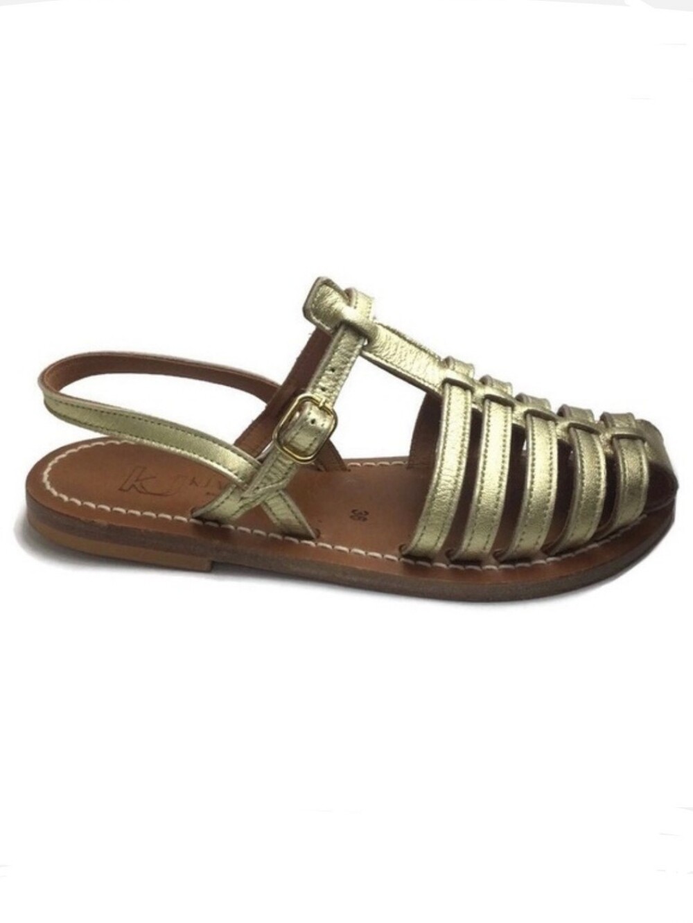 NWT K.Jacques Adrien Metallic Gold Caged Ankle Strap Fisherman Sandal Size 5